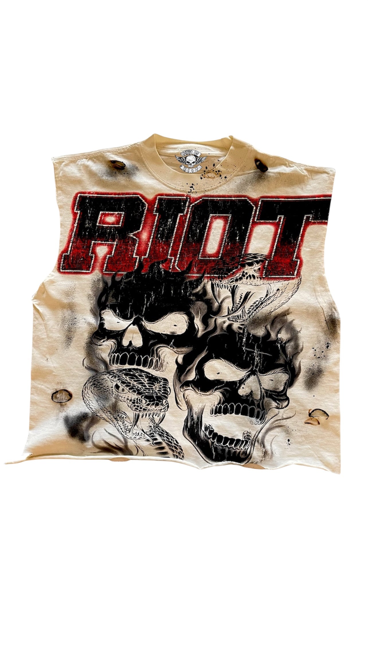 “RIOT” Destroyed Cutoff Tee